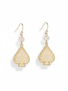 Brushed Gold Spade Heart Diamonds Club Cards White Faceted Stone 2" Earrings